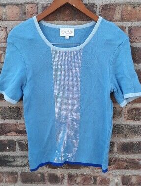 Cache Vintage Y2K Blue Sequin Knit Top LG